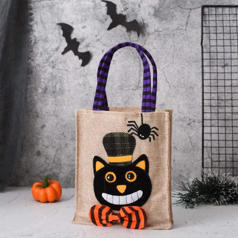 Halloween candy tote bag in linen with witch skull pumpkin and black cat designs for kids