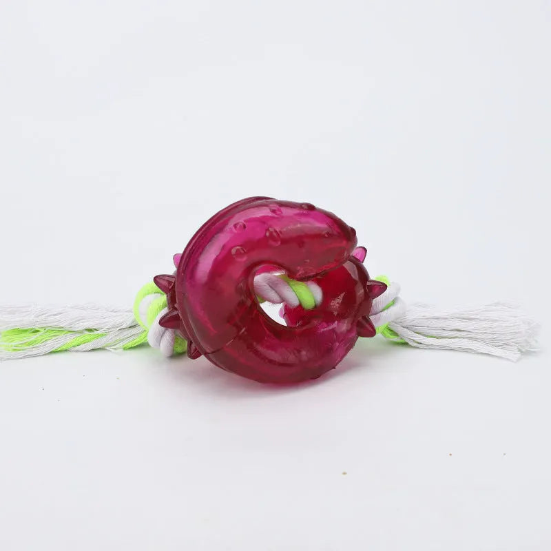Dog bite leakage toy in TPR and cotton rope, small and large sizes for small, medium, and large dogs