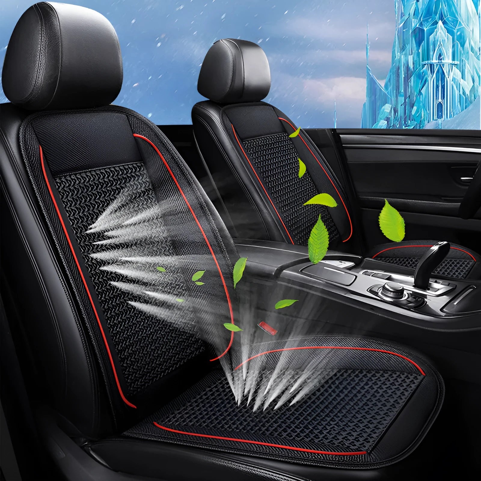 Black car ventilation seat cushion with air circulation system measuring 60x60cm