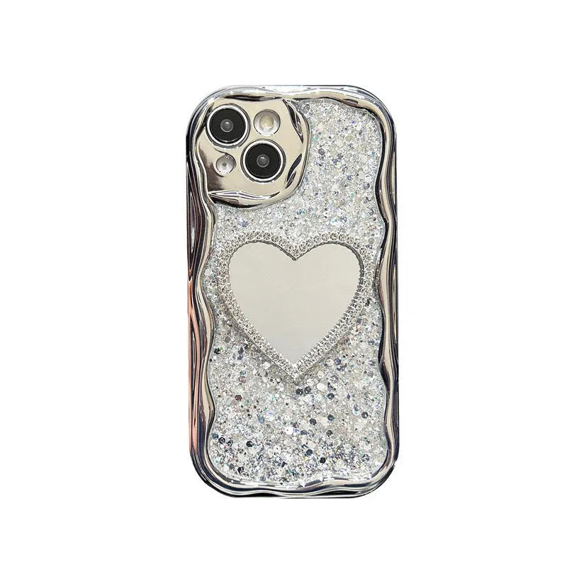 Silver grey TPU phone case with heart-shaped mirror insert and cream high flash epoxy shell for iPhone