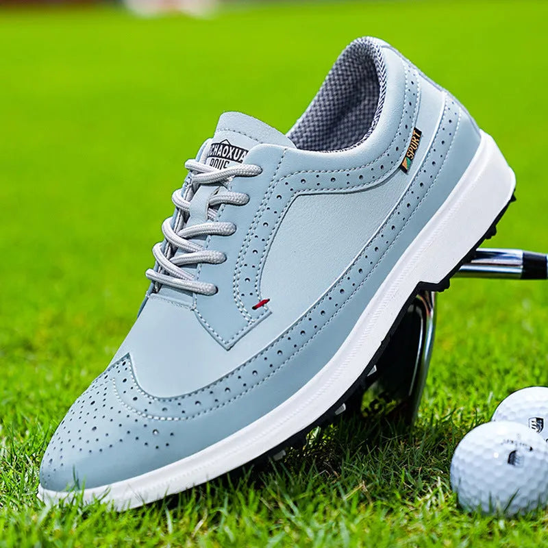 Men's lightweight golf shoe in Lake Blue or White with genuine leather upper and non-slip rubber outsole, sizes 39-47