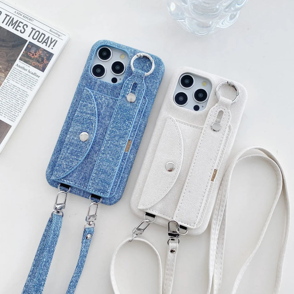 Denim pattern feilin phone case with wrist strap and crossbody bag for iPhone, in blue or white.