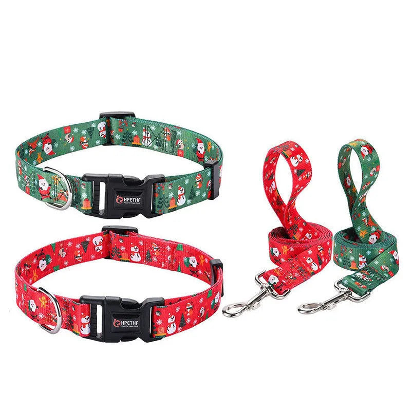 Christmas red polyester dog collar and hand holding rope set on a festive background