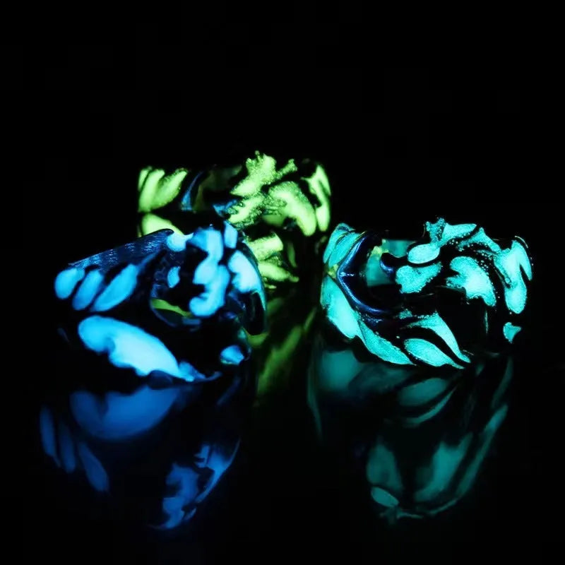 Adjustable Chinese dragon ring in antique silver blue and green colour with luminous pattern