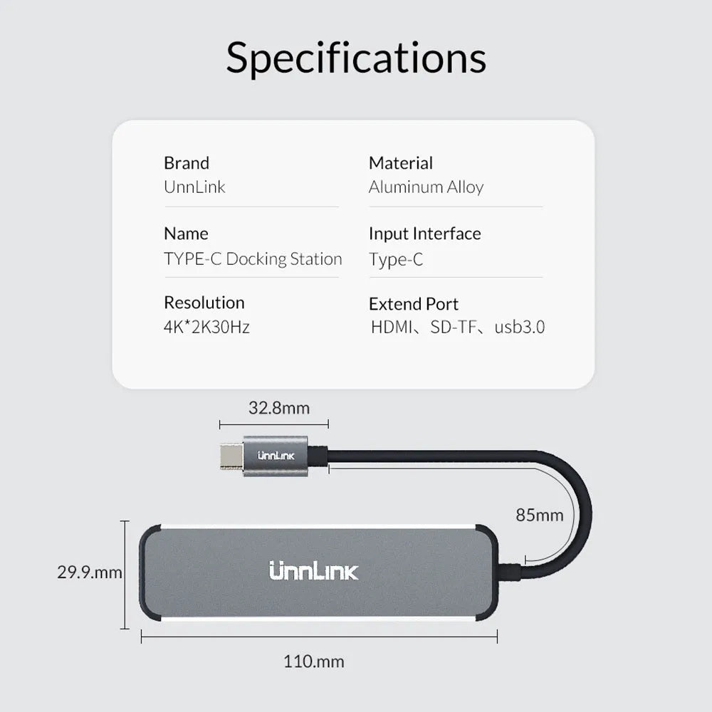 Silver aluminium alloy Type-C docking station with HDMI, SD, TF, and USB 3.0 ports, 4K 30Hz adapter