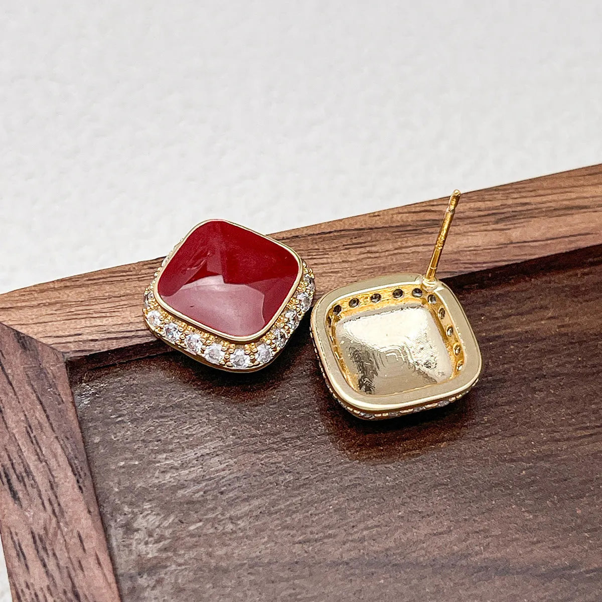 Red square geometric alloy earrings with inlaid design, retro style women's jewellery