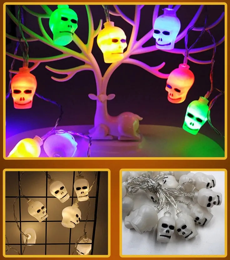 Halloween decoration LED string lights with 10 LED heads including pumpkin, bat, and ghost pendants on a dark background