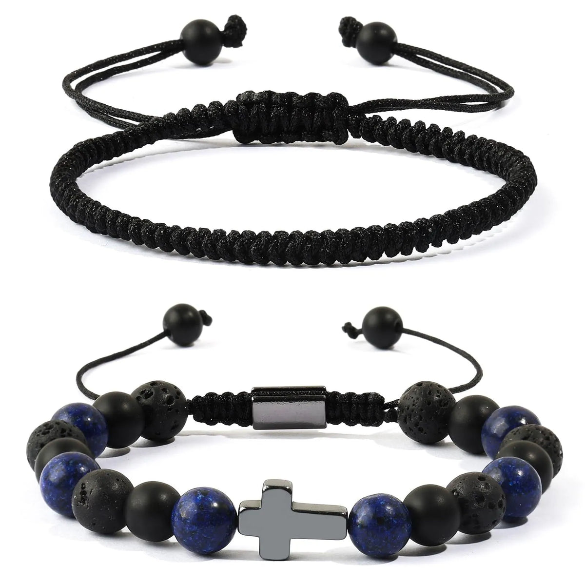 Hand-woven cross bracelet set with lapis lazuli and black matte volcanic stone beads in blue or black rope braid