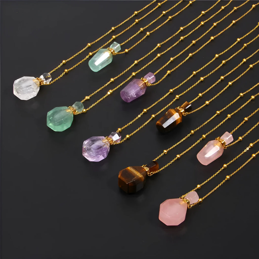 Perfume bottle pendant necklace in tiger eye and crystal with European and American style and colour codes FI0636 to FI0644