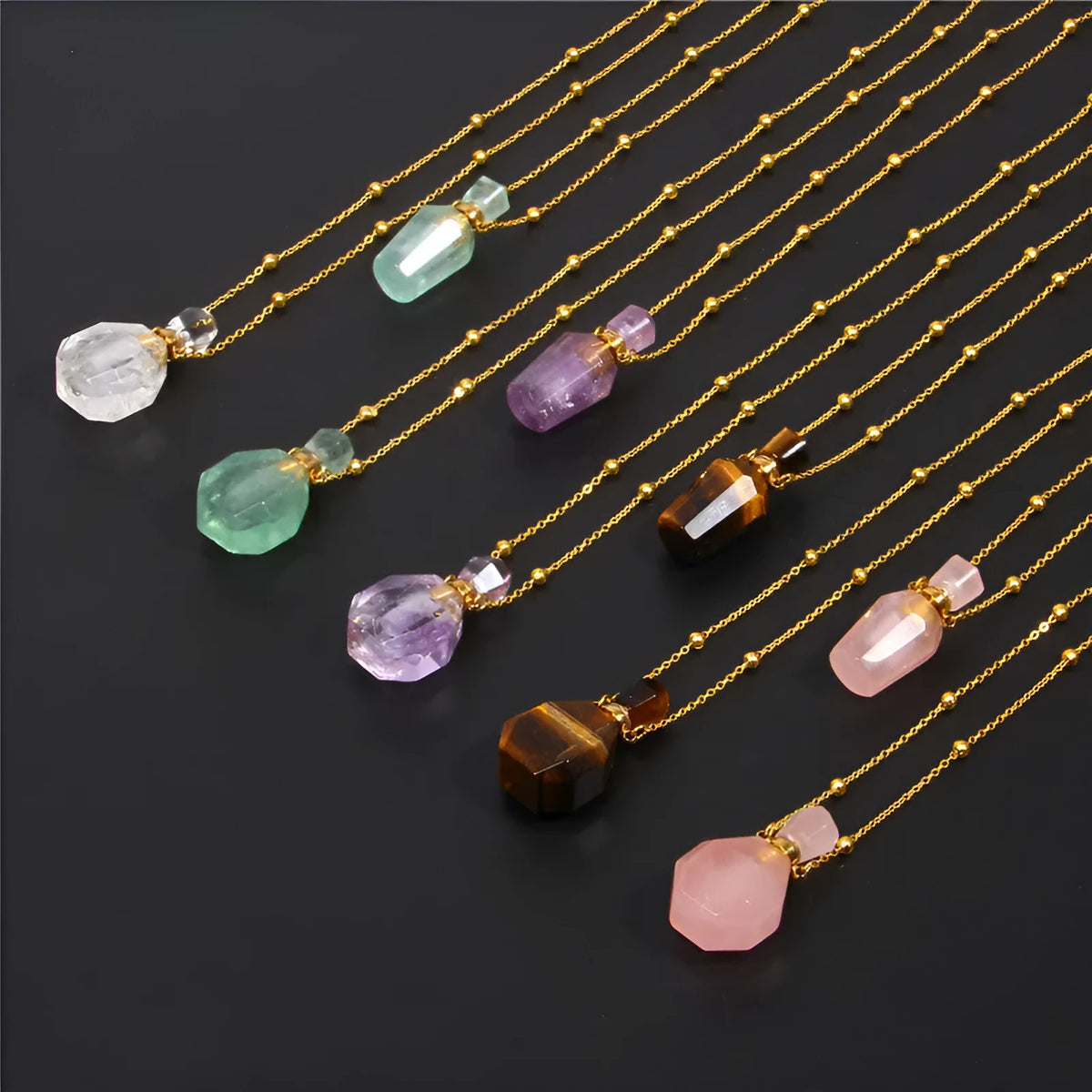 Perfume bottle pendant necklace in tiger eye and crystal with European and American style and colour codes FI0636 to FI0644