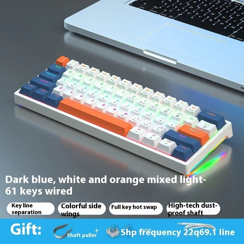 Bluish black 61-key compact mechanical keyboard with hot-swappable sockets and coloured keycaps.