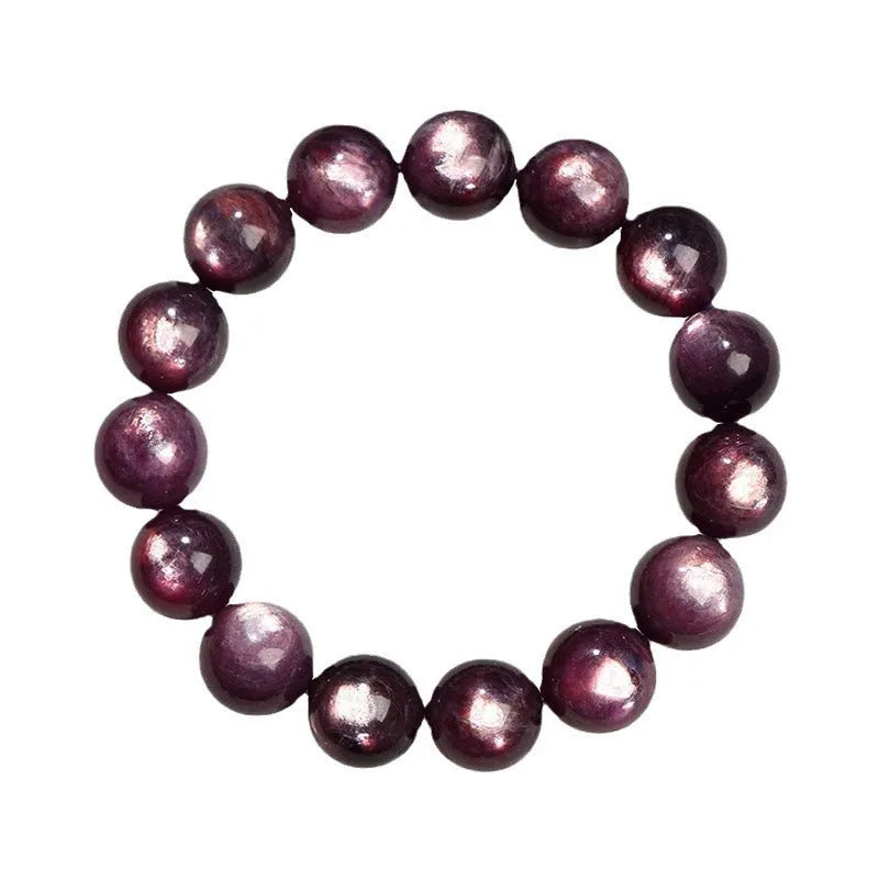 Natural purple lepidolite crystal bracelet with polished round beads in geometric design showing size options