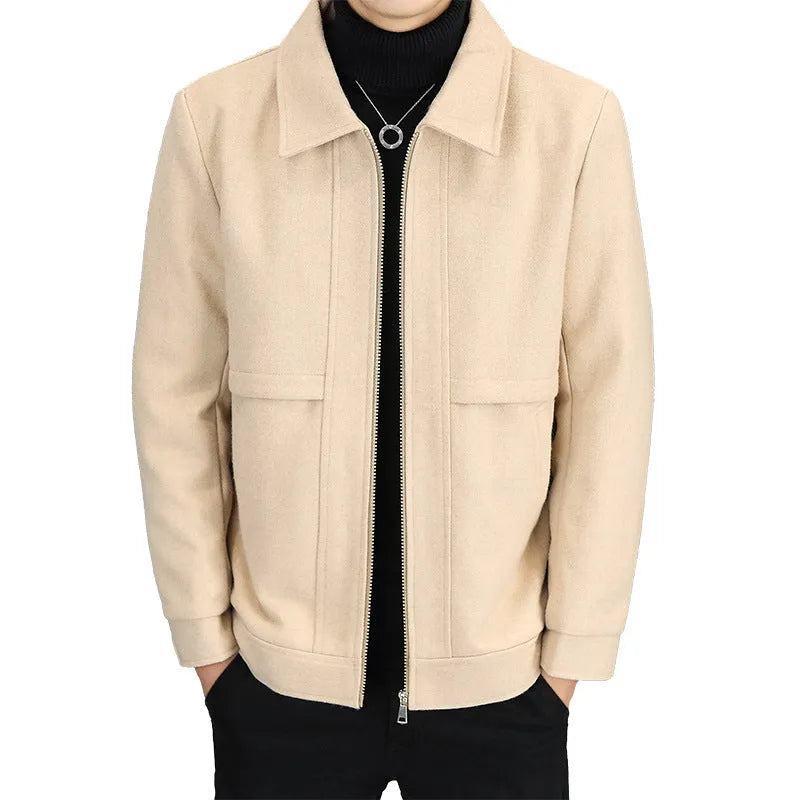 Men's casual jacket with polo collar in khaki colour showing side seam pockets