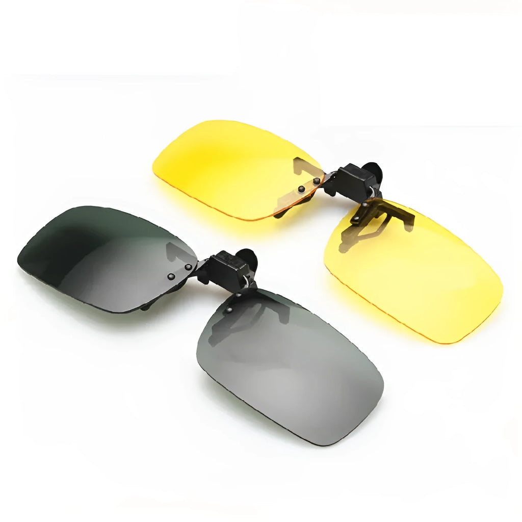 Clip-on polarised sunglasses for prescription glasses with grey, dark green, and night vision lens tint options