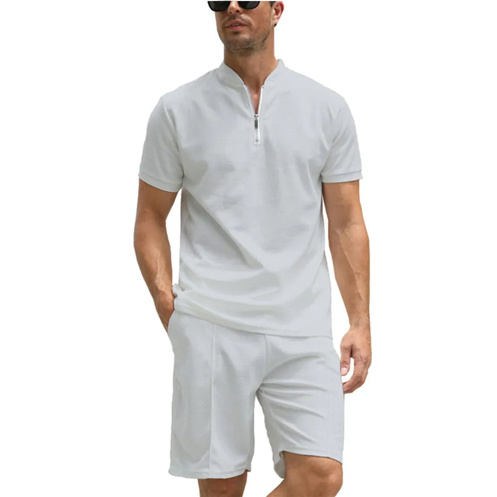 Men's solid colour polo shirt and shorts set in beaded bird's eye polyester fabric