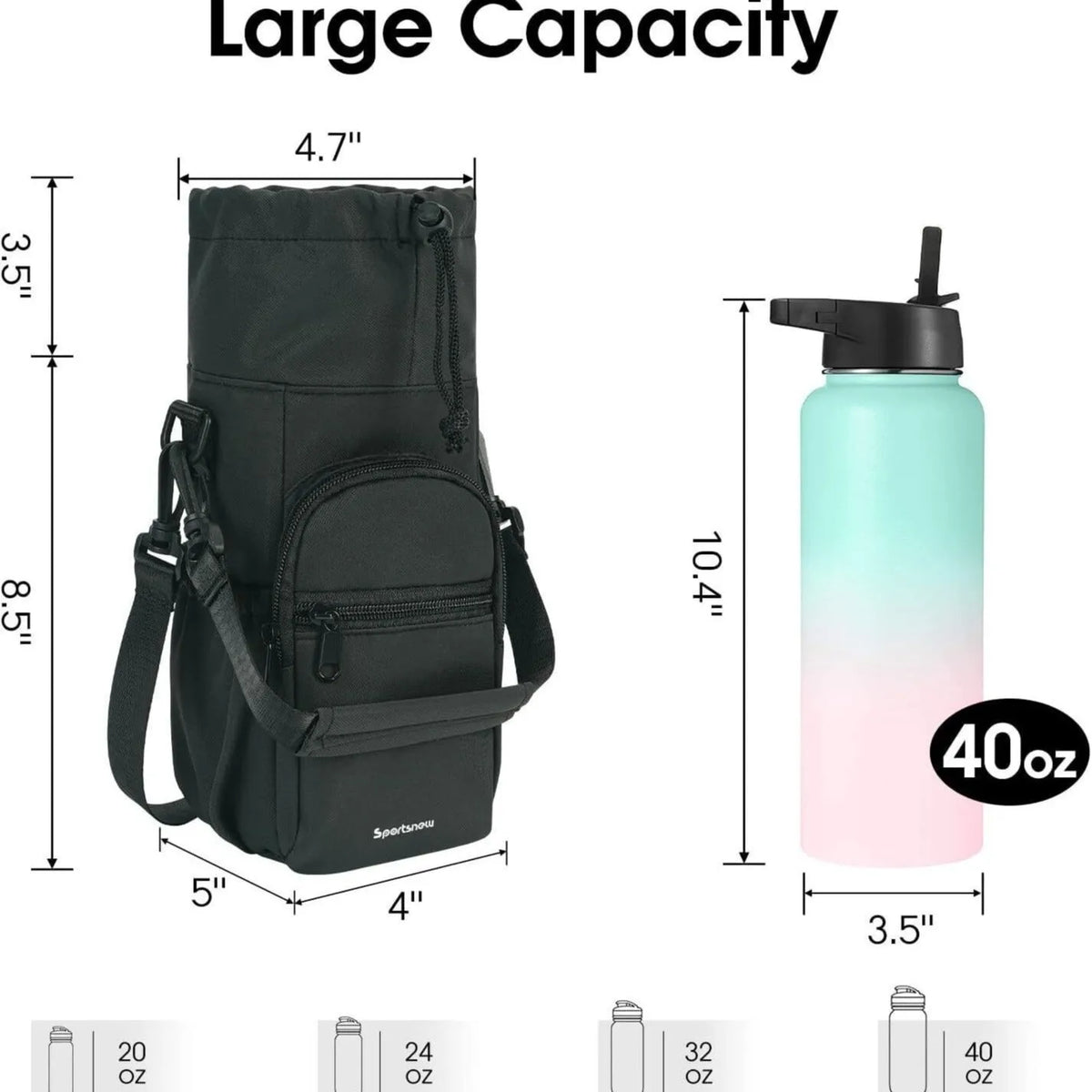Cloth water bottle crossbody shoulder bag in black, green or pink colours with adjustable strap