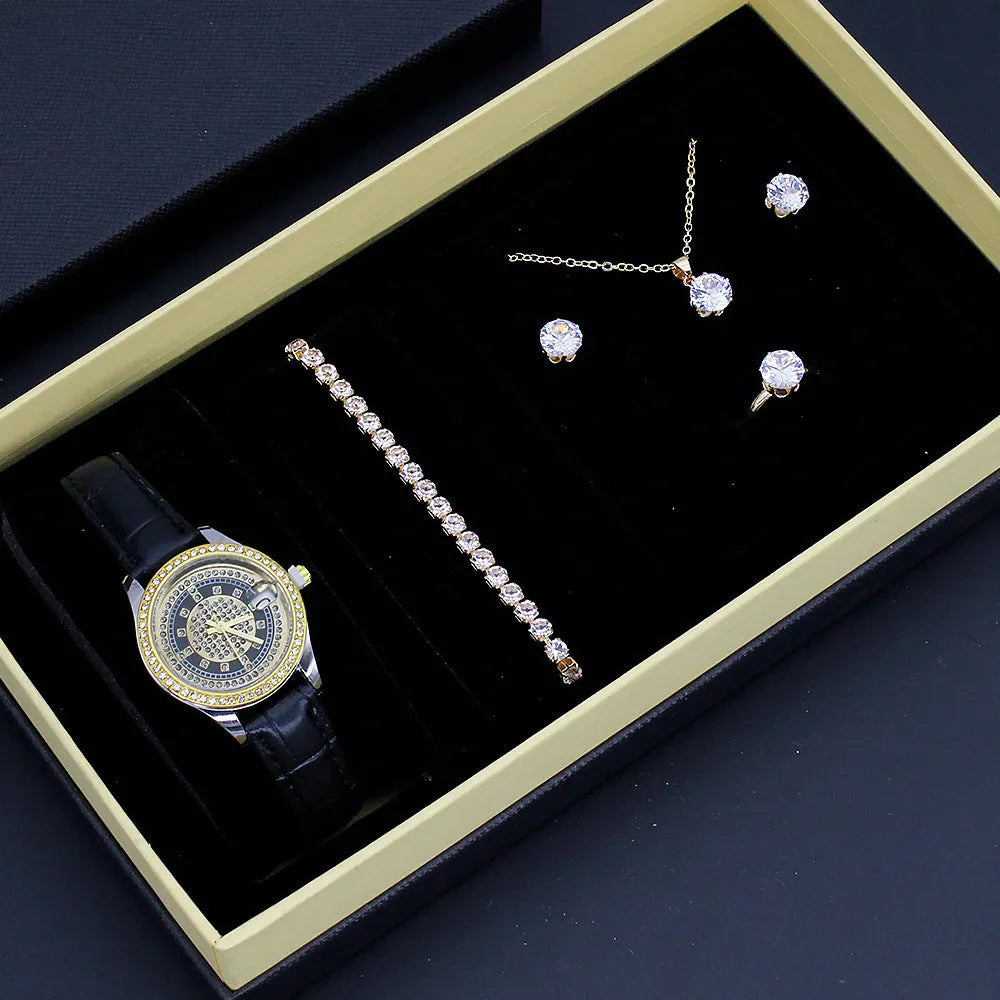 Ladies watch jewellery set gift box with white face white strap watch, bracelet, necklace, stud earrings, and ring