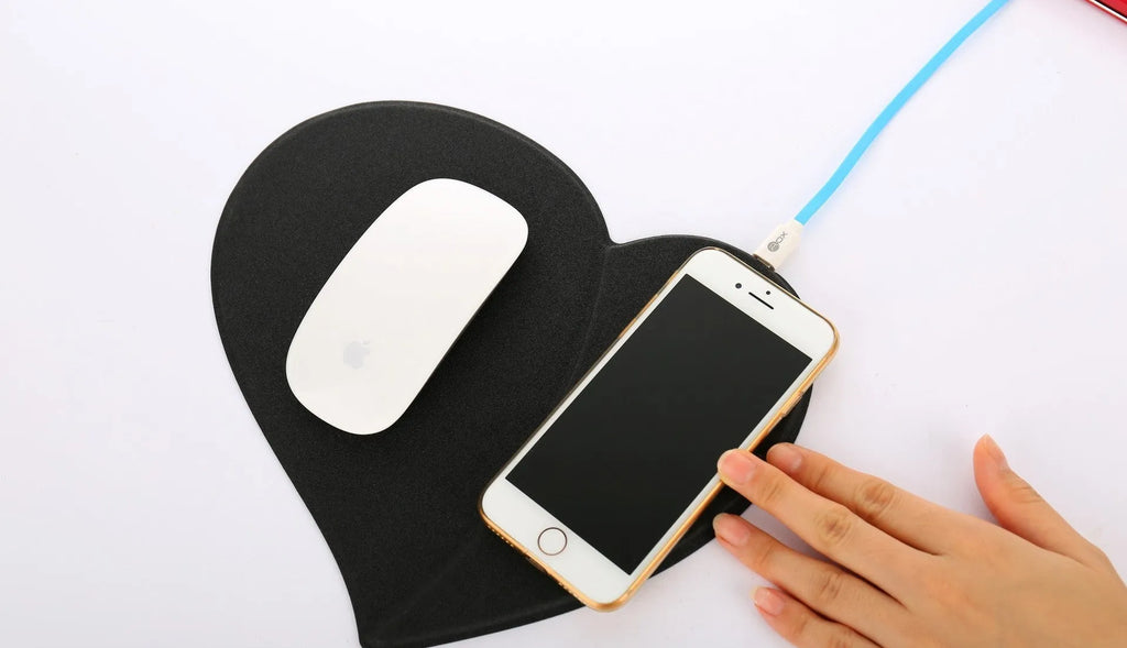 Heart-shaped leather wireless charging mouse pad in red with indicator light and Micro 5pin cable