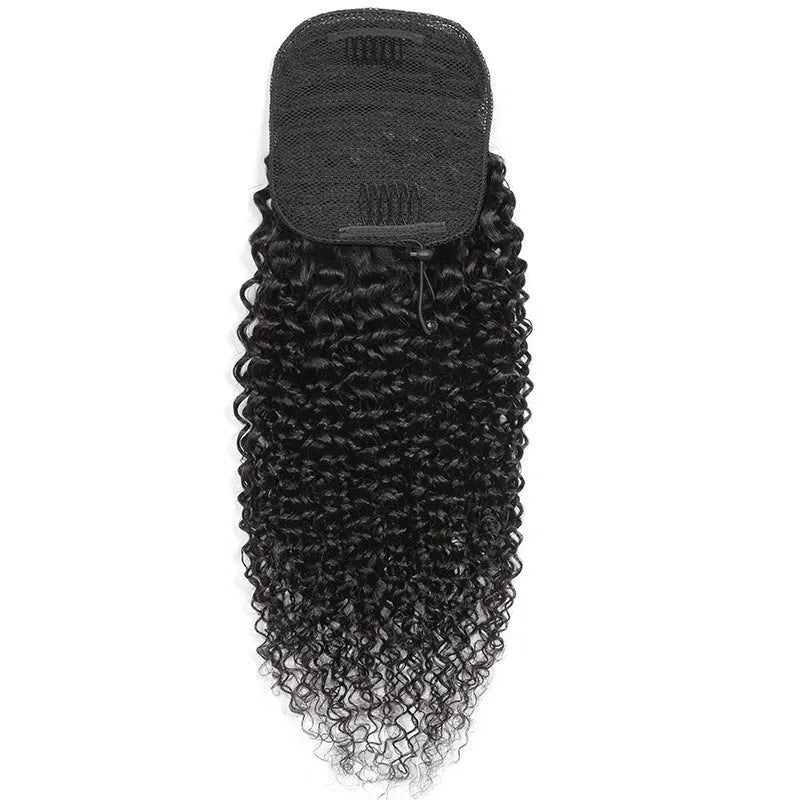 Black real human hair ponytail wig for ladies, dyeable, available in 8 to 26 inch lengths.