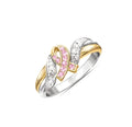 18k yellow gold plated ribbon ring with pink bare stone inlay, geometric unisex design, US sizes 5 to 11.