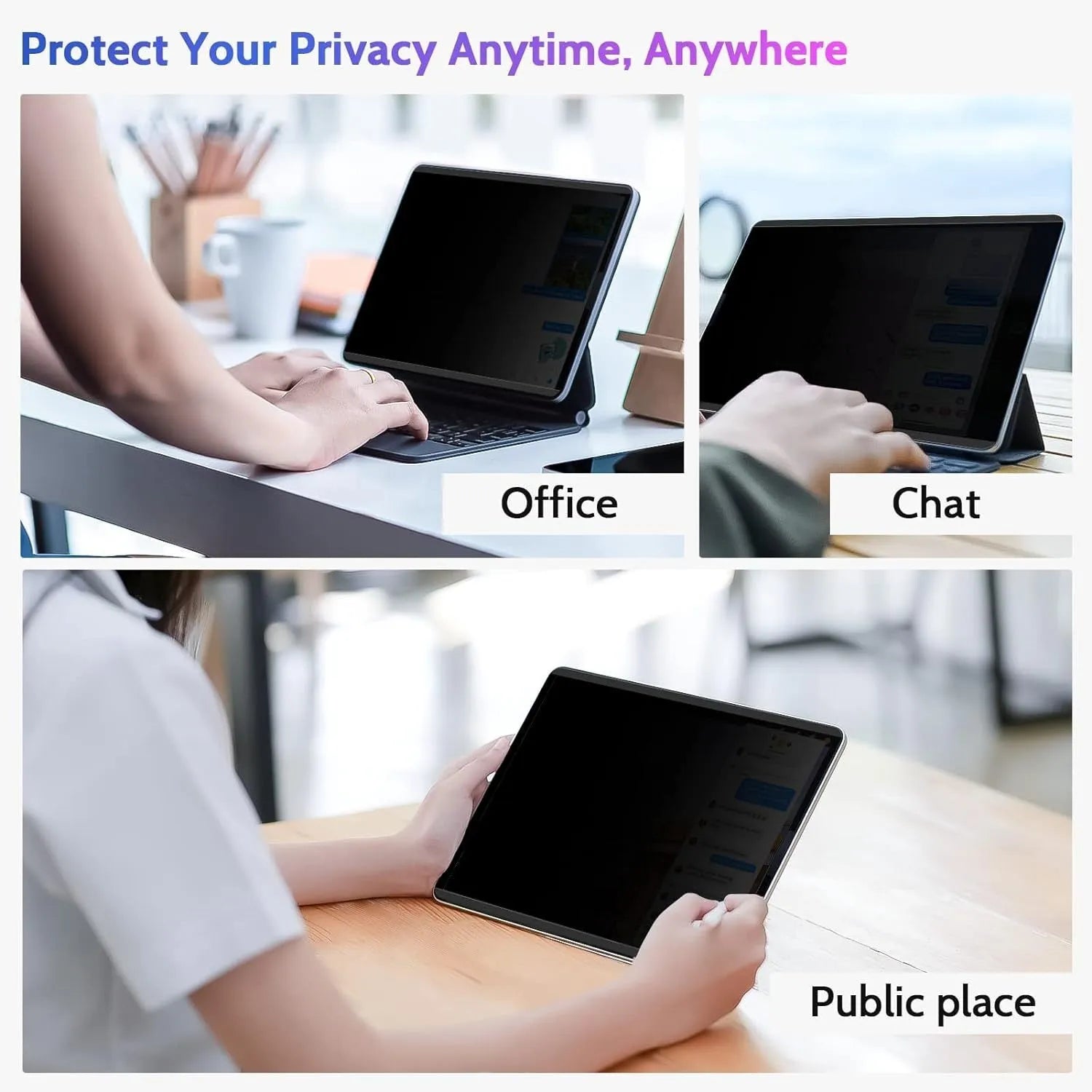 Magnetic iPad privacy screen protector and storage clip on a table