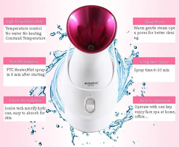 White handheld humidifying steaming machine, 280W, 220V-50HZ, 143x105x225mm, with 40°C mist output and plug options.