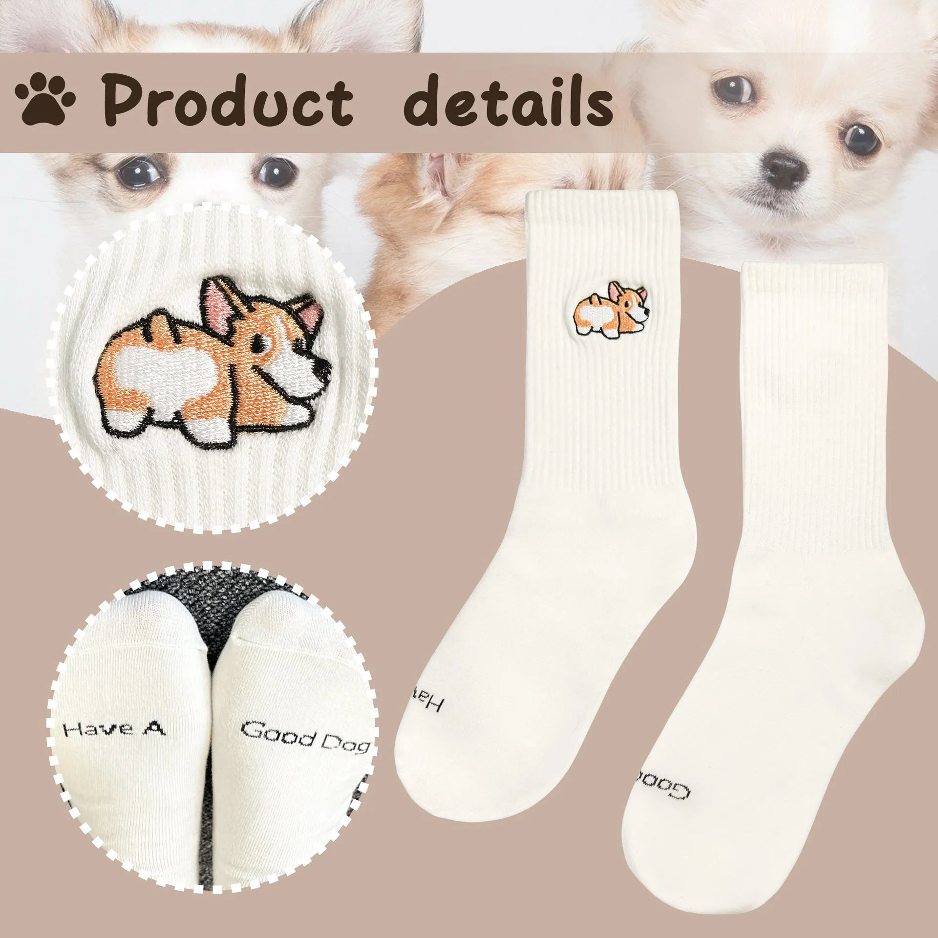 White cotton tube socks with Corgi dog pattern, four season lightweight design for students