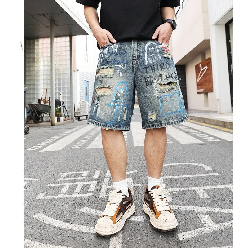 Men's blue denim jeans shorts with straight-leg cut and zipper fly closure