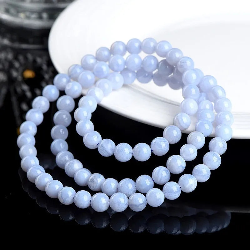 Blue agate beaded bracelet with three-circle design and natural striped patterns on 6-6.8mm stones