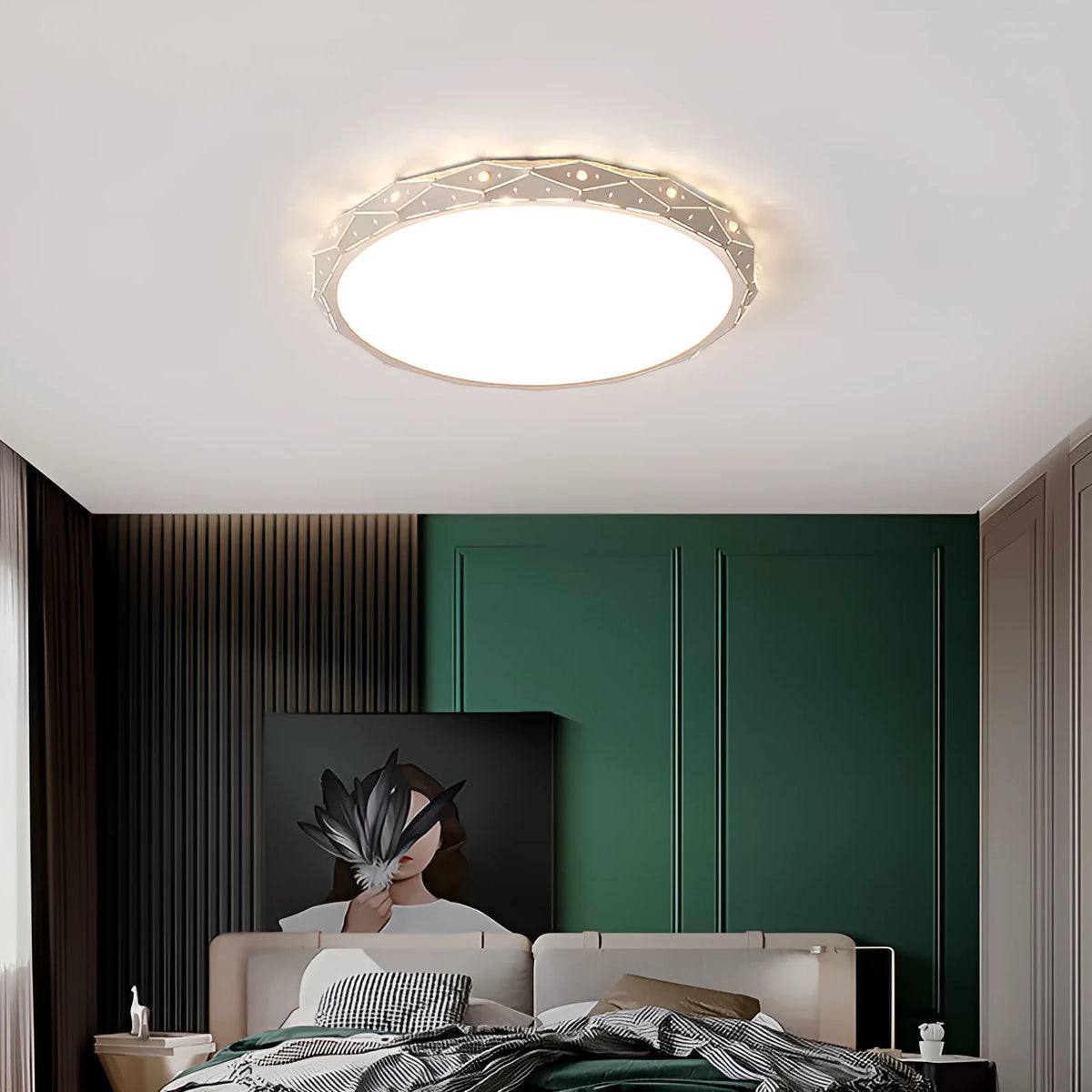 Round iron LED ceiling lamp with a black frame and dimmable light, mounted on a white ceiling.