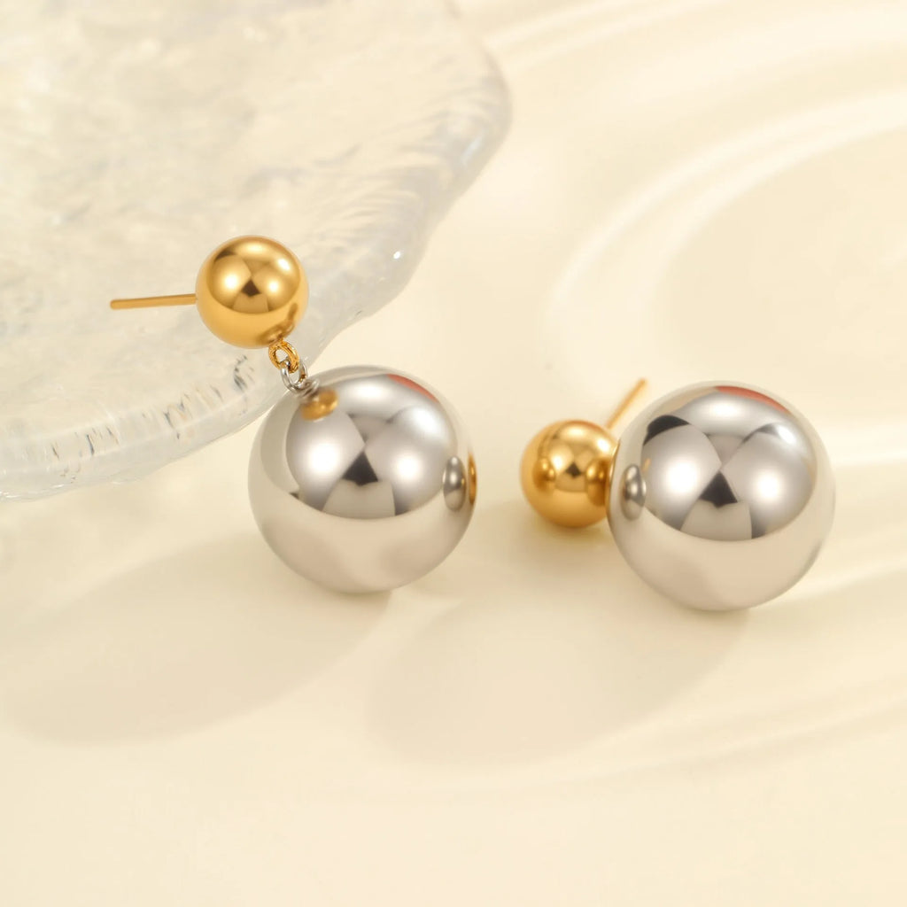 Round bead stainless steel colour-block ear studs with geometric design and 18K electroplating