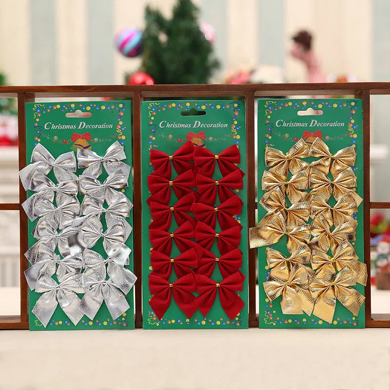 Red, gold, silver, and red gold 5 cm polyester Christmas tree bow ornaments.