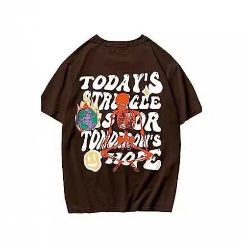 Men's printed street-style short-sleeve sports T-shirt on a hanger, showing digital print design.