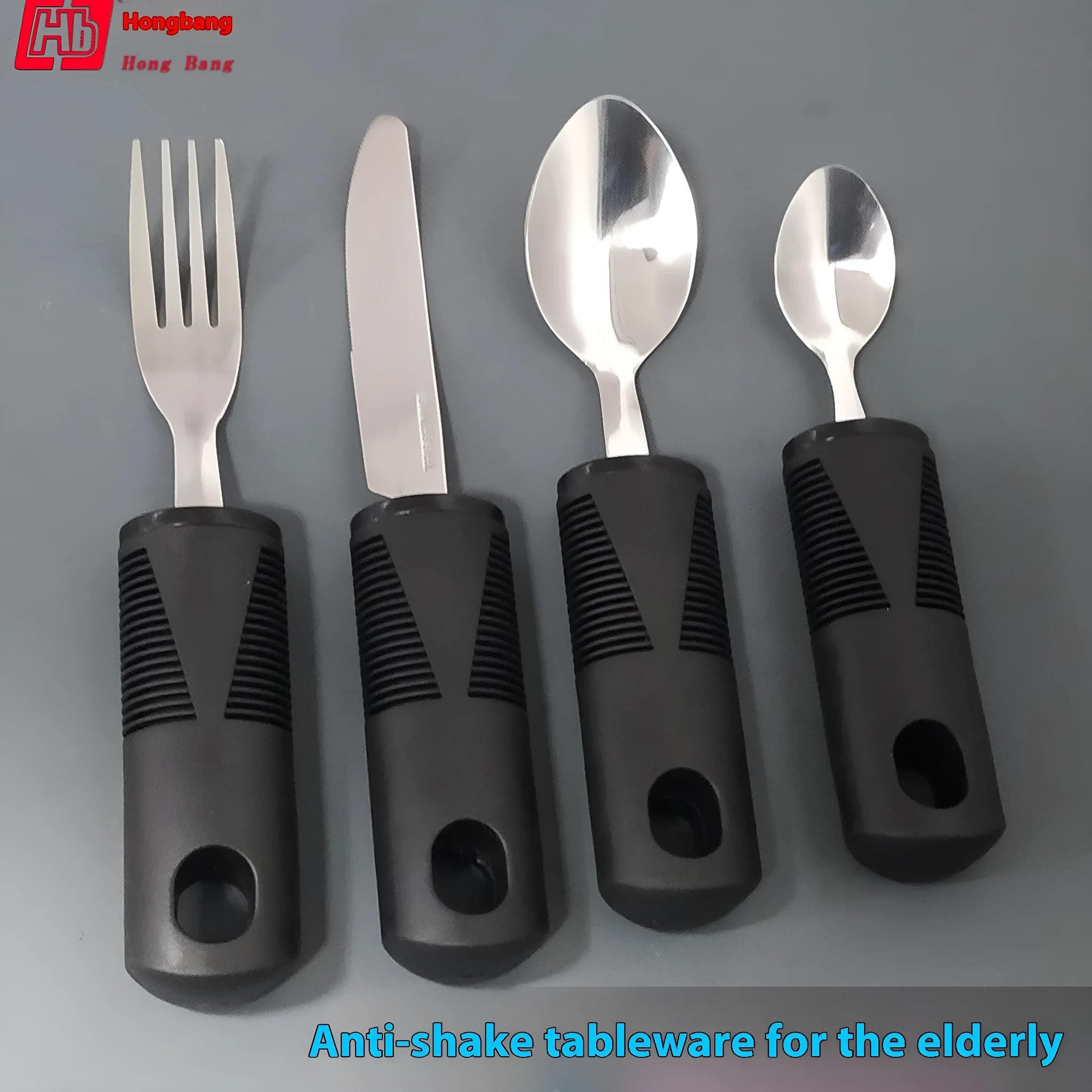 Stainless steel adaptive eating utensils with rubber anti-shock handles for elderly dining assistance