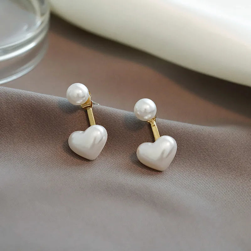 Korean style heart shaped alloy stud earrings with electroplated finish and artificial gem inlays