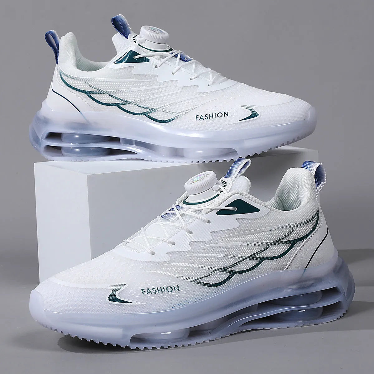 White mesh casual shoes with rotating button closure and round toe design