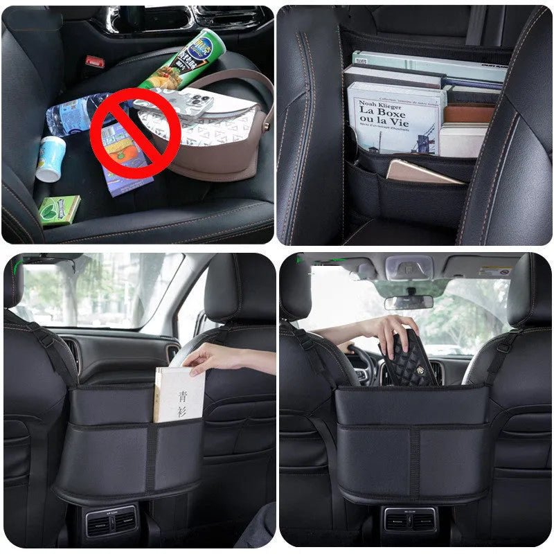 Black leather car seat net pocket storage bag with sports carbon fibre pattern