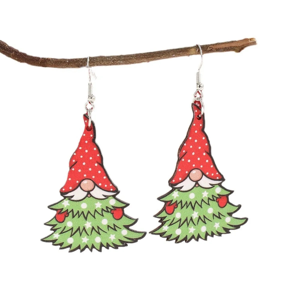 Wooden geometric earrings with printed Christmas tree and snowman Santa Claus designs.