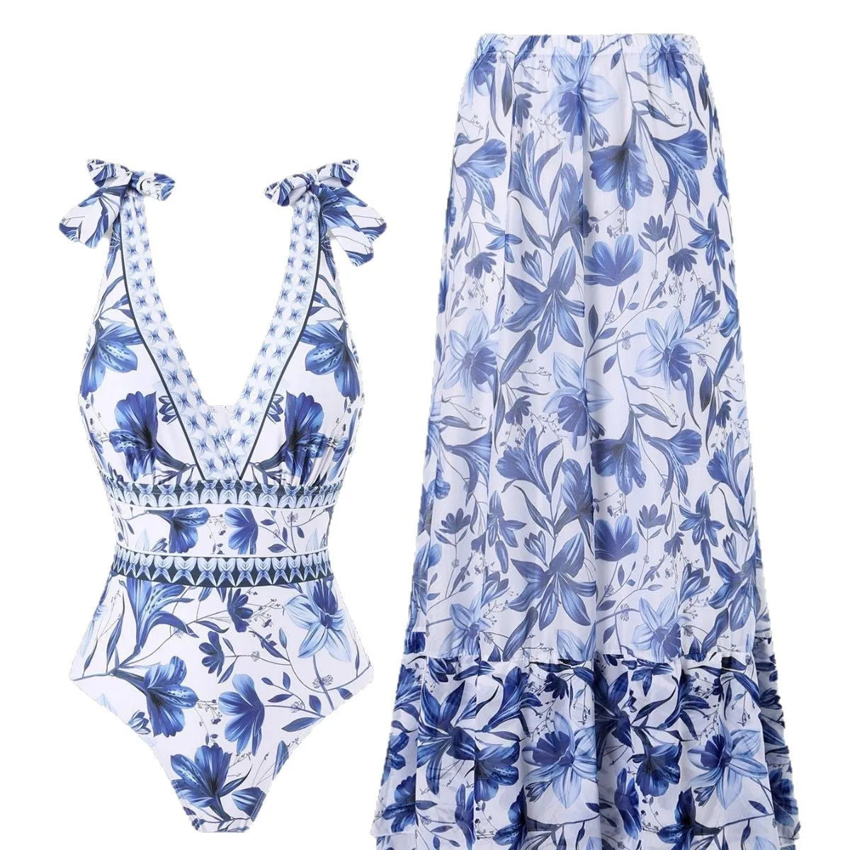 Women's one-piece swimsuit with high waist and chiffon dress overlay in solid colour quick-drying fabric