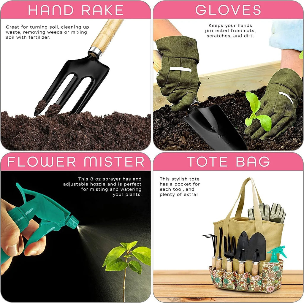 Stainless steel gardening tools set comprising 8 pieces for various garden maintenance tasks