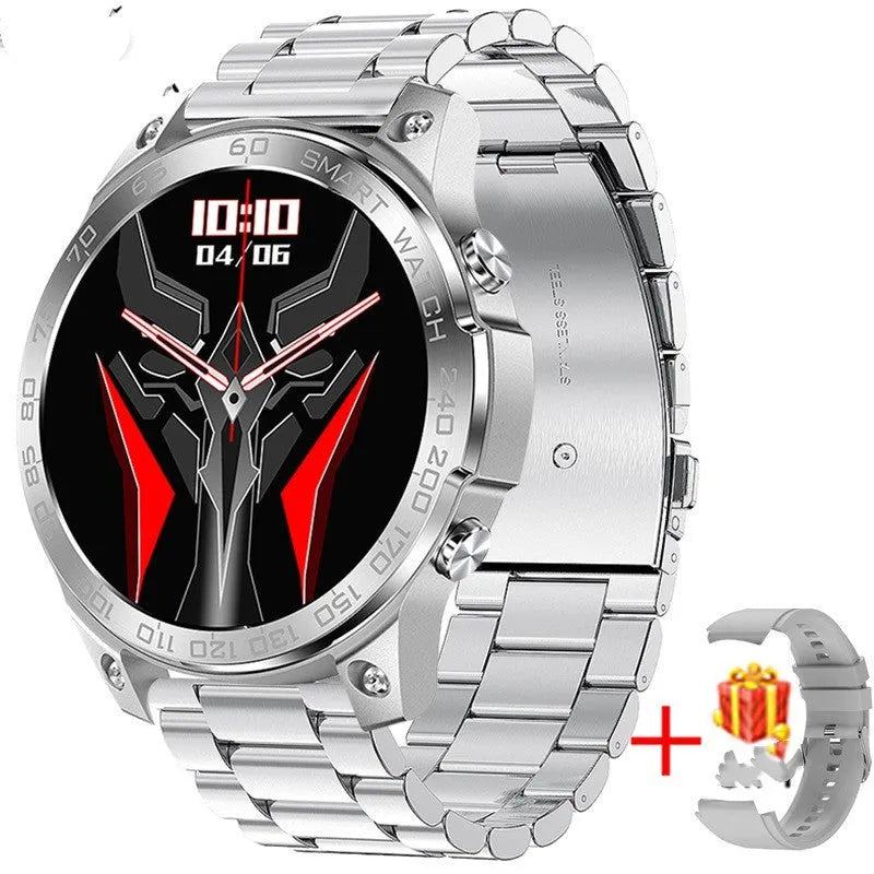 Round Bluetooth smartwatch with AMOLED screen on a silicone strap, showing fitness stats.