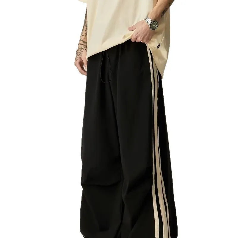 Black men's wide leg climbing trousers with high waist and straight-leg design