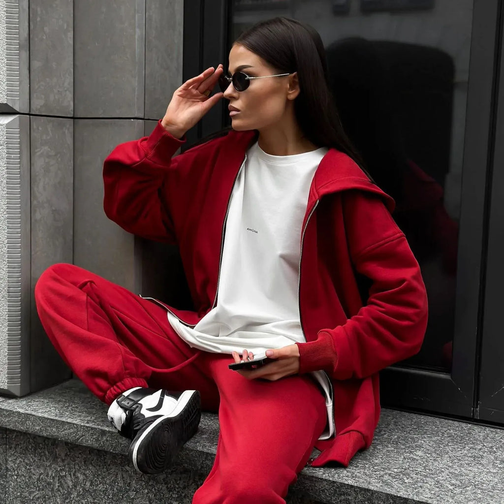 Street style long-sleeved coat and trousers two-piece set in loose fit polyester