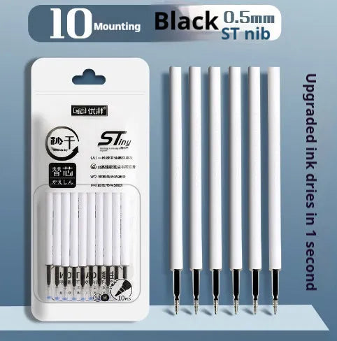 Pack of 10 quick-drying pen refills in black, red, blue, and ink blue colours for 500m writing.