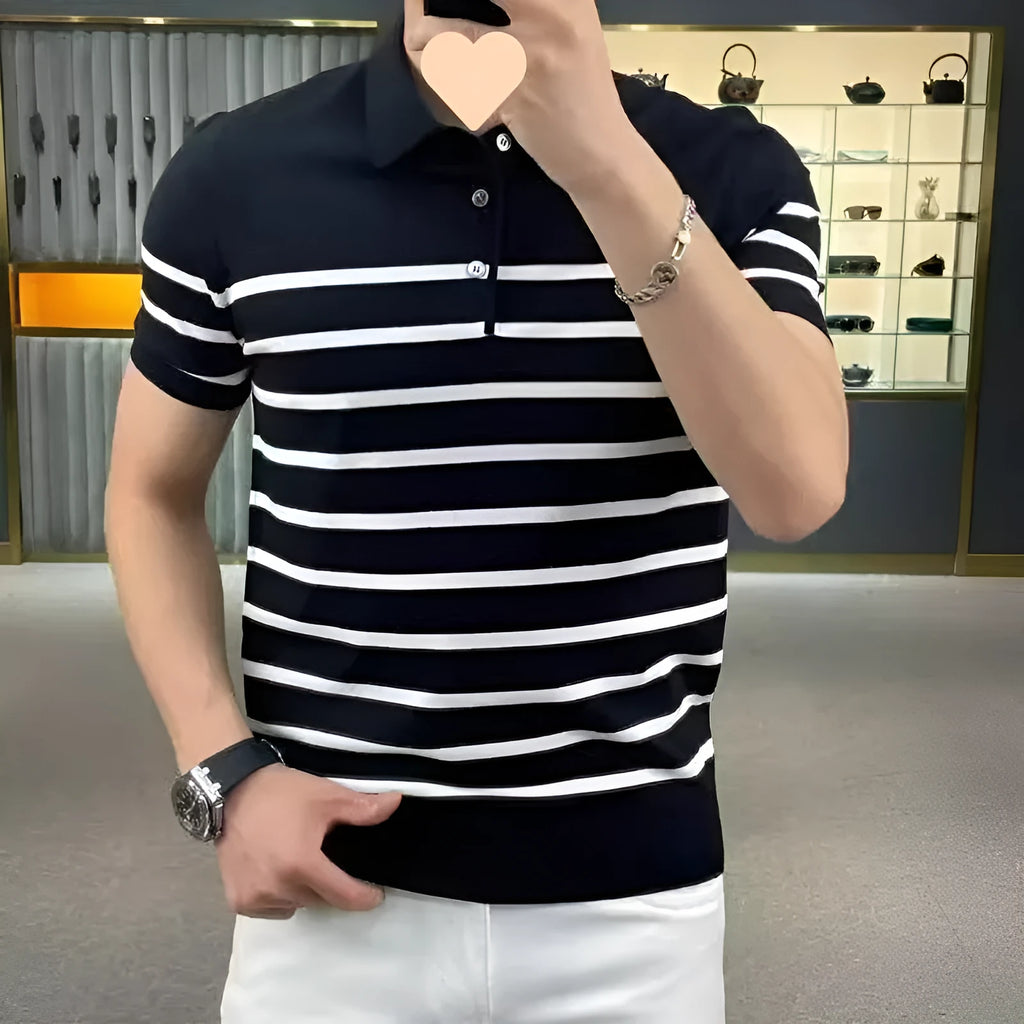Striped lapel knitted t-shirt in black and white colours showing pullover design with youth popularity styling