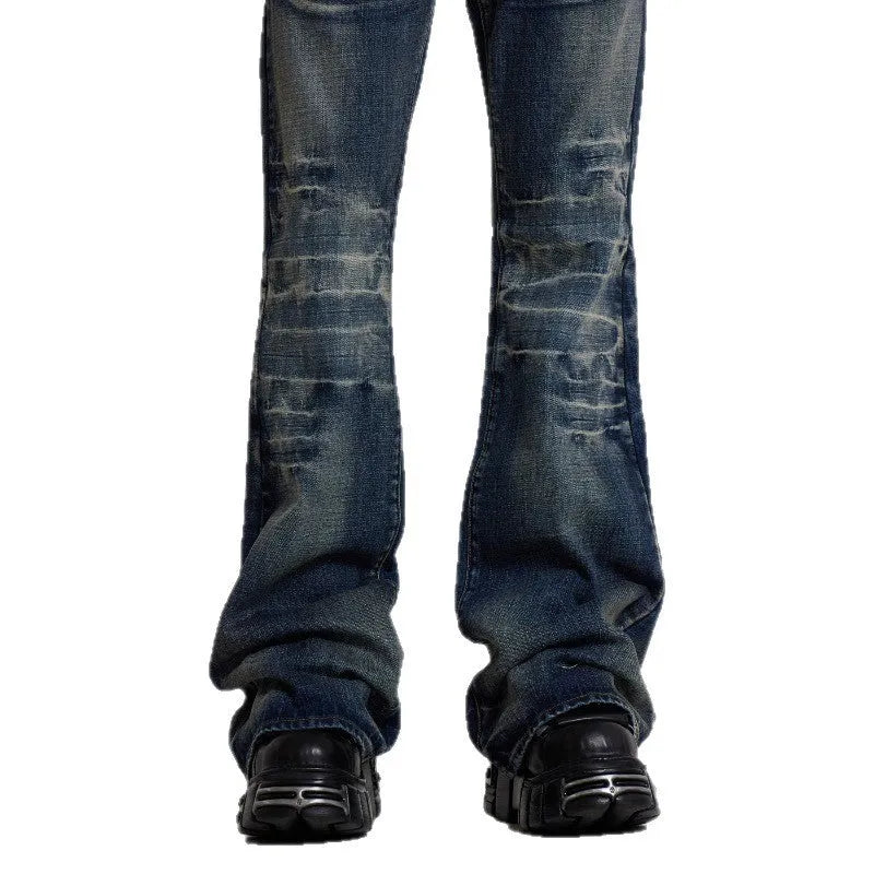 Men's slightly flared vintage jeans in black or blue, straight leg, linen fabric, edging detail, sizes S to XXL.
