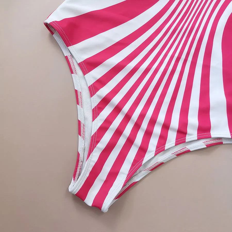 Pink striped women's one-piece swimsuit with digital print on front and back.
