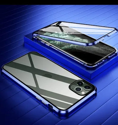 Machined glass anti-spy clamshell case for iPhone in black, silver, red, gold, green, or blue.