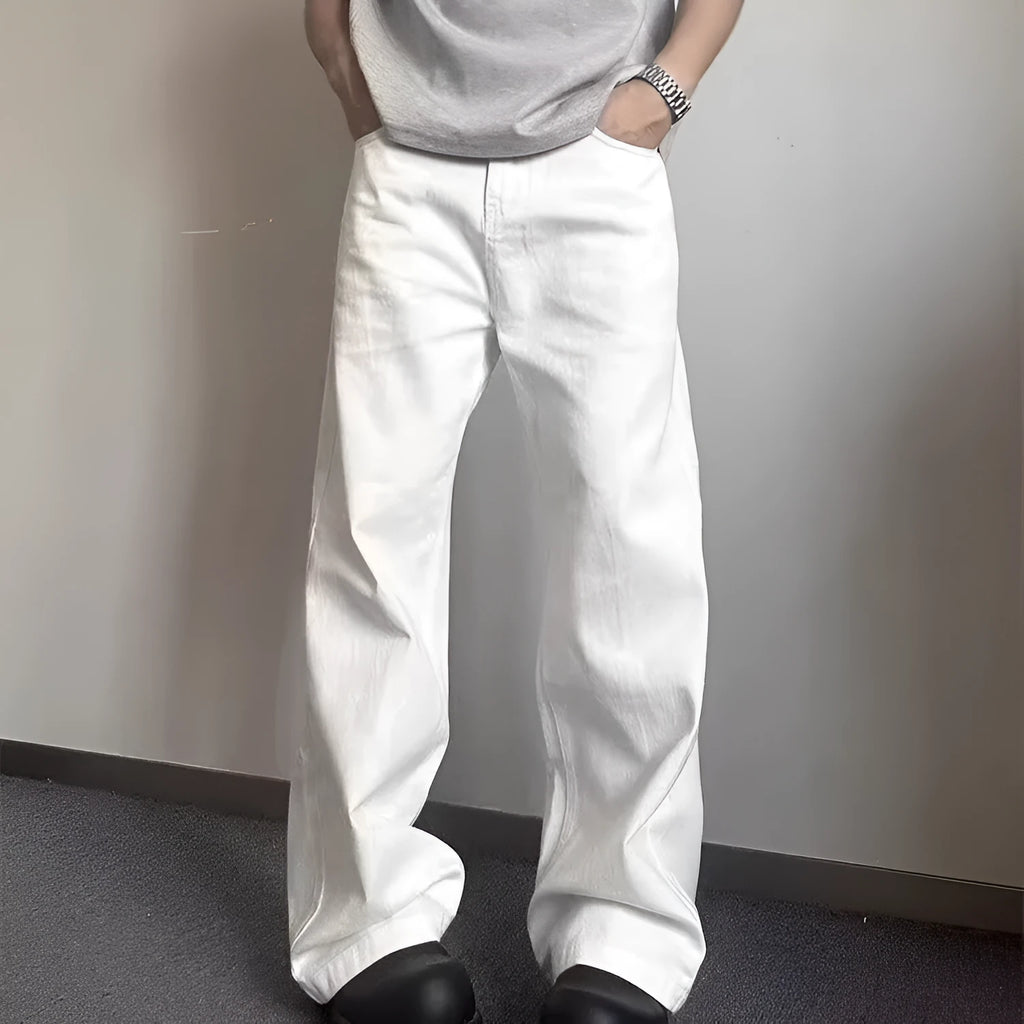 Men's white straight-leg wide-cut denim jeans on a plain background, showing front and side views.