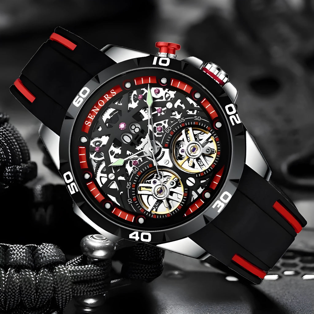 Automatic mechanical men's watch with hollow skeleton dial showing movement components, luminous markers, 14mm thickness case